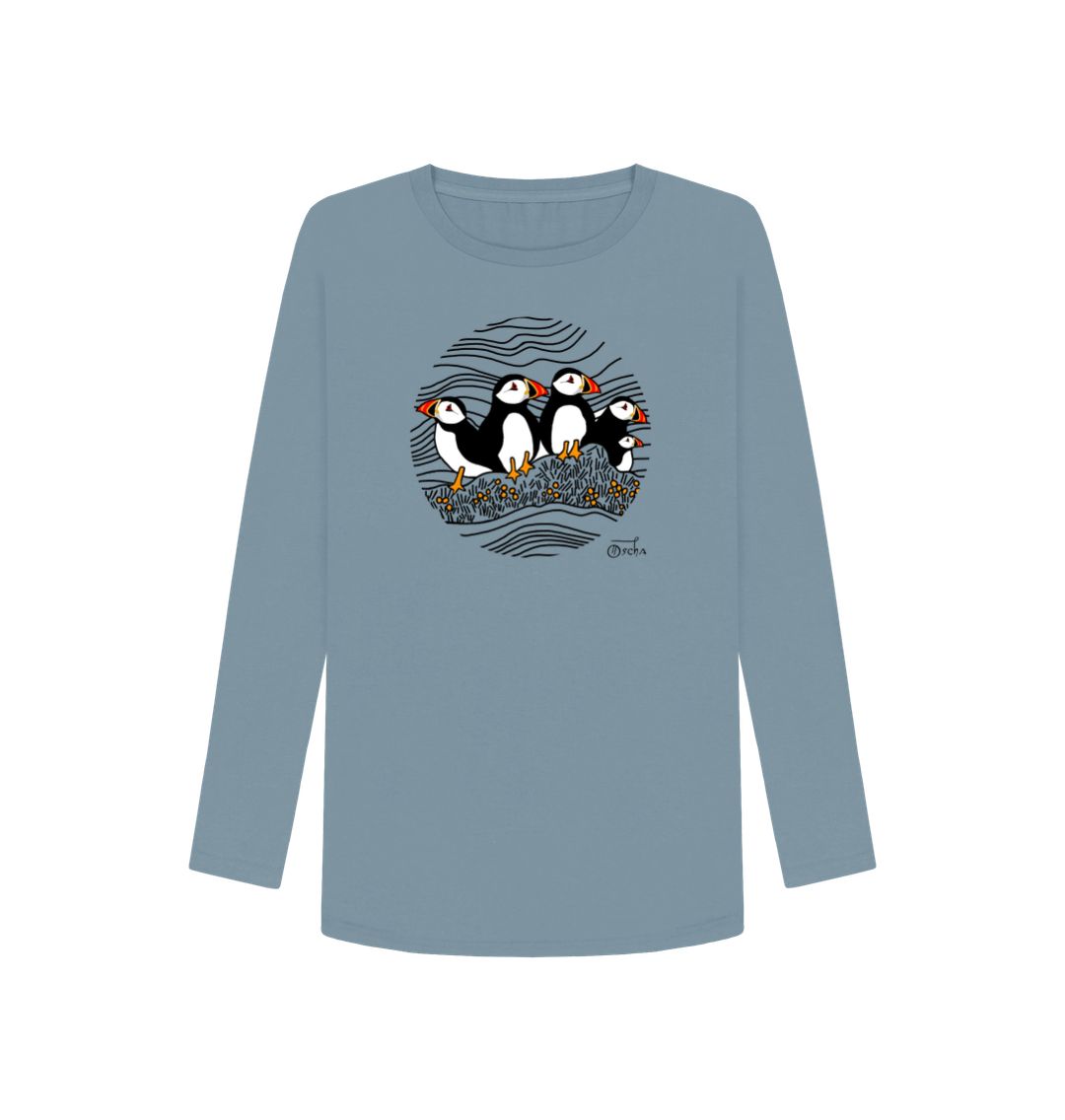 Stone Blue Puffins Circus Women's Long Sleeved T-Shirt